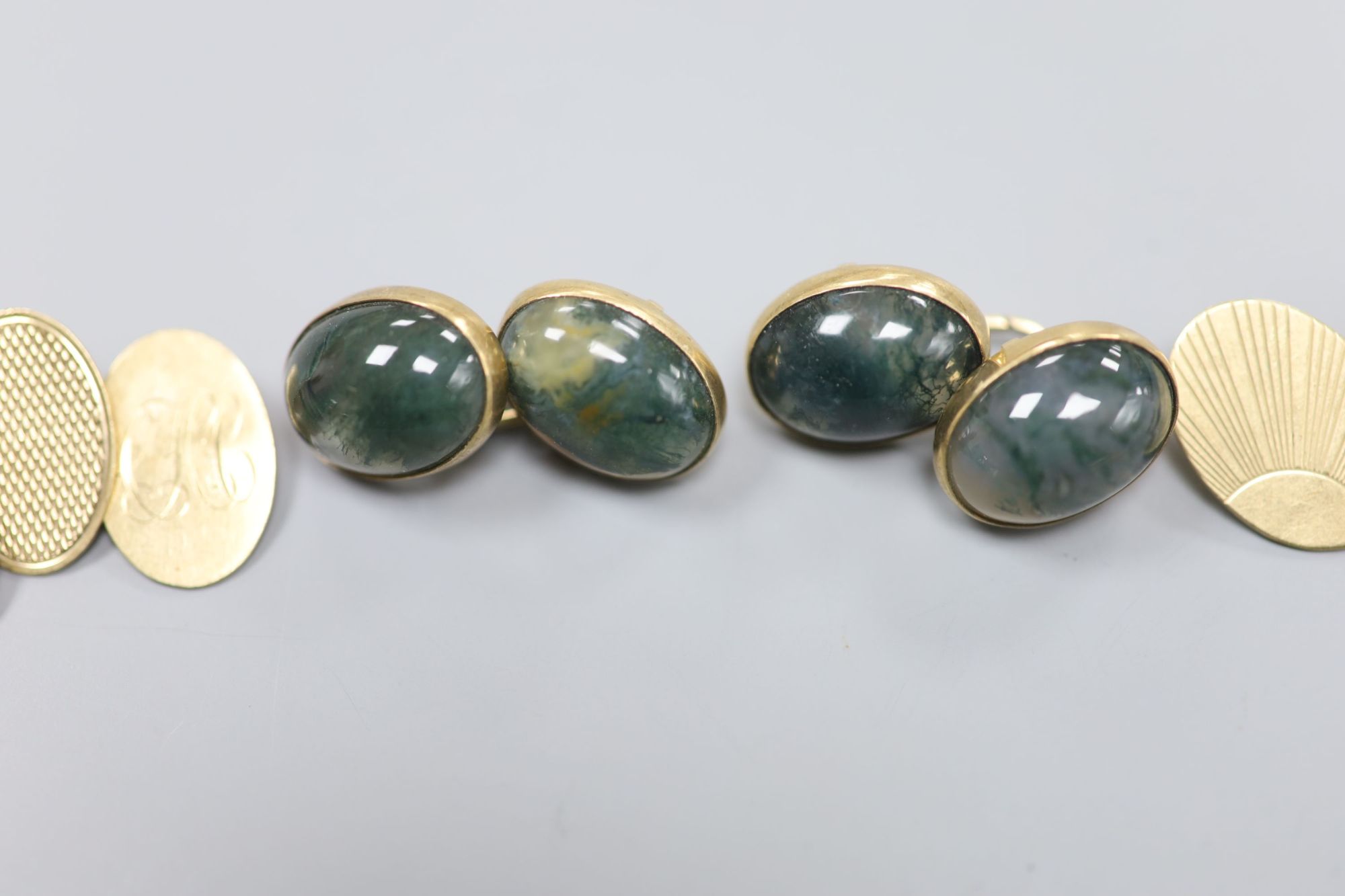 A pair of 1960s 9ct gold and moss agate set oval cufflinks & 2 pairs of 9ct gold cufflinks.